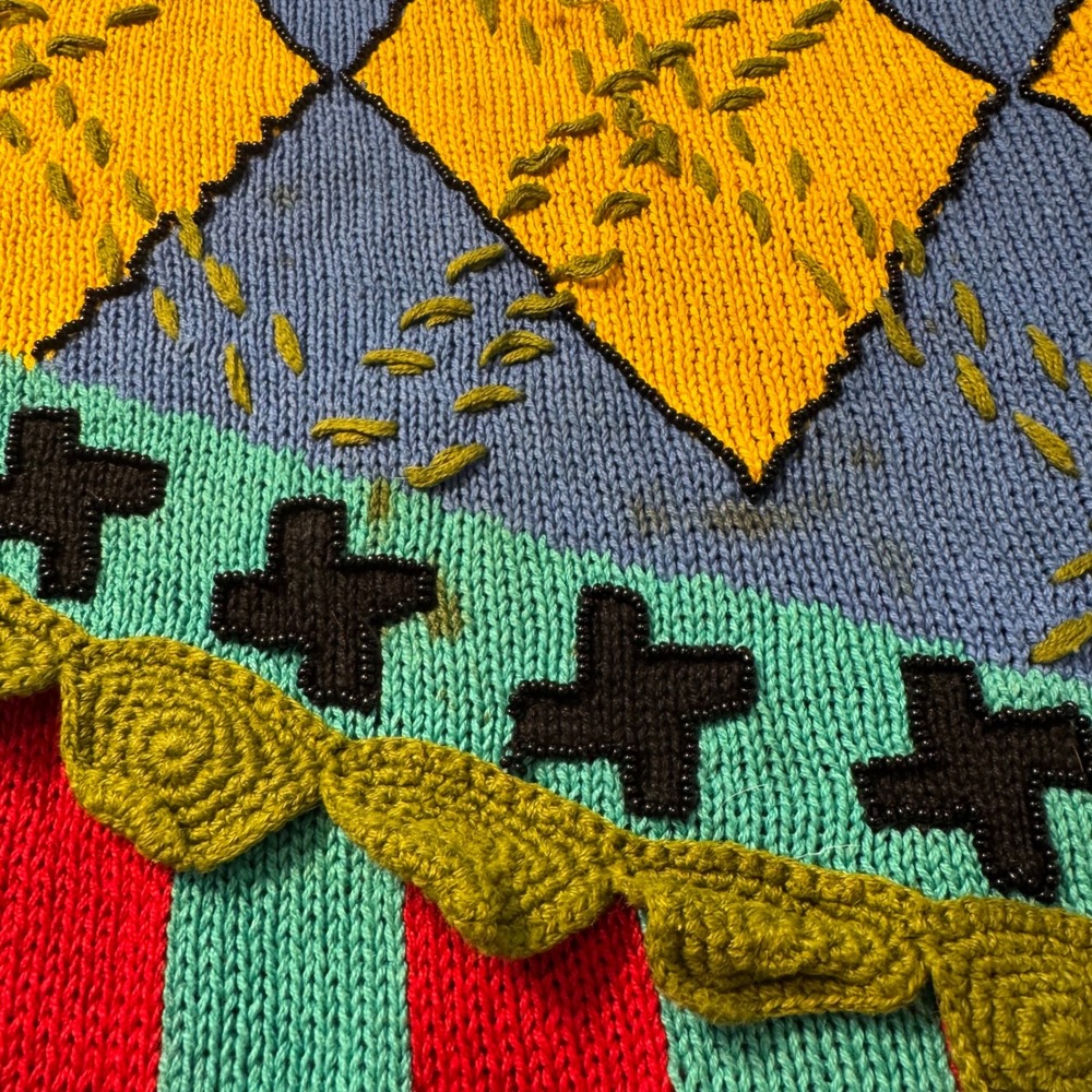 90s Vintage Retro Ann Wi Geometric Argyle Striped Knit Polo Sweater Large Beaded - Picture 10 of 15
